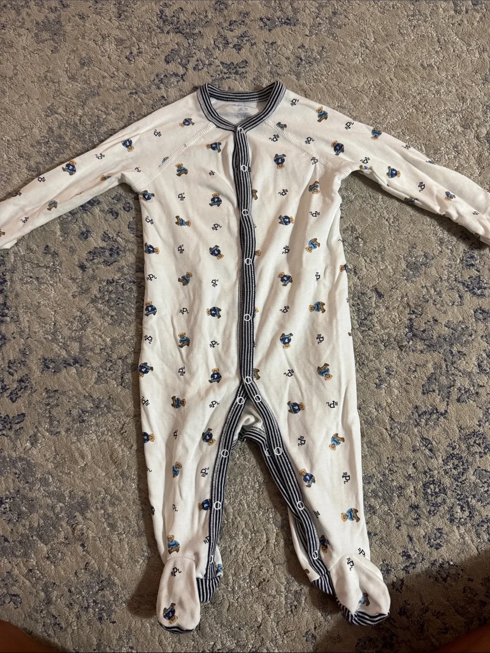 Ralph Lauren Cream Footed One-Piece with Navy Trim and Bear Motif 6 months